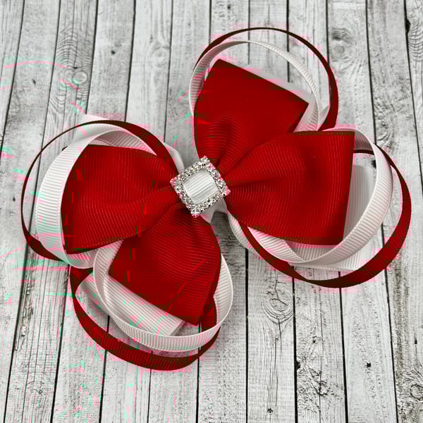 Large 5 inch Red and White Double Layer Bow with Double Loops