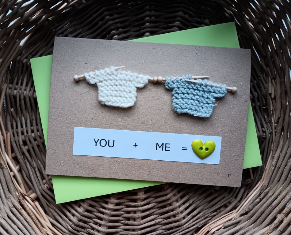 Love, You and Me Handmade Card with 2 tiny knitted jumpers and a button 6" x 4" 