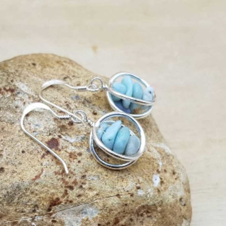 Larimar earrings. Pale blue Sterling silver circle