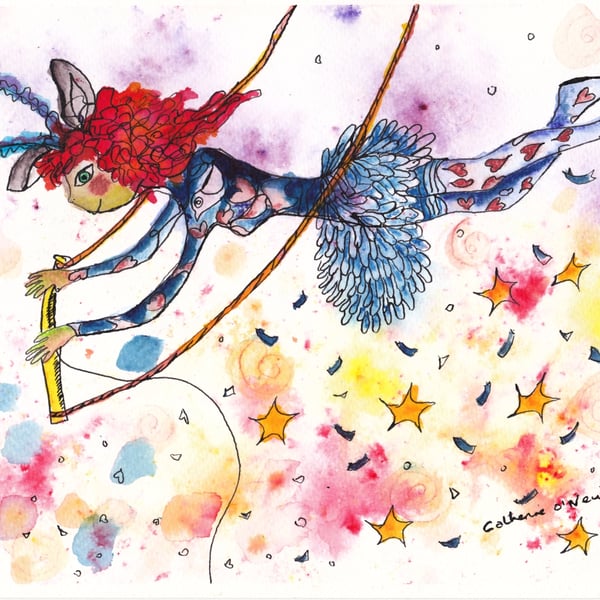 Circus Trapeze Artist - Original watercolour and ink drawing.  