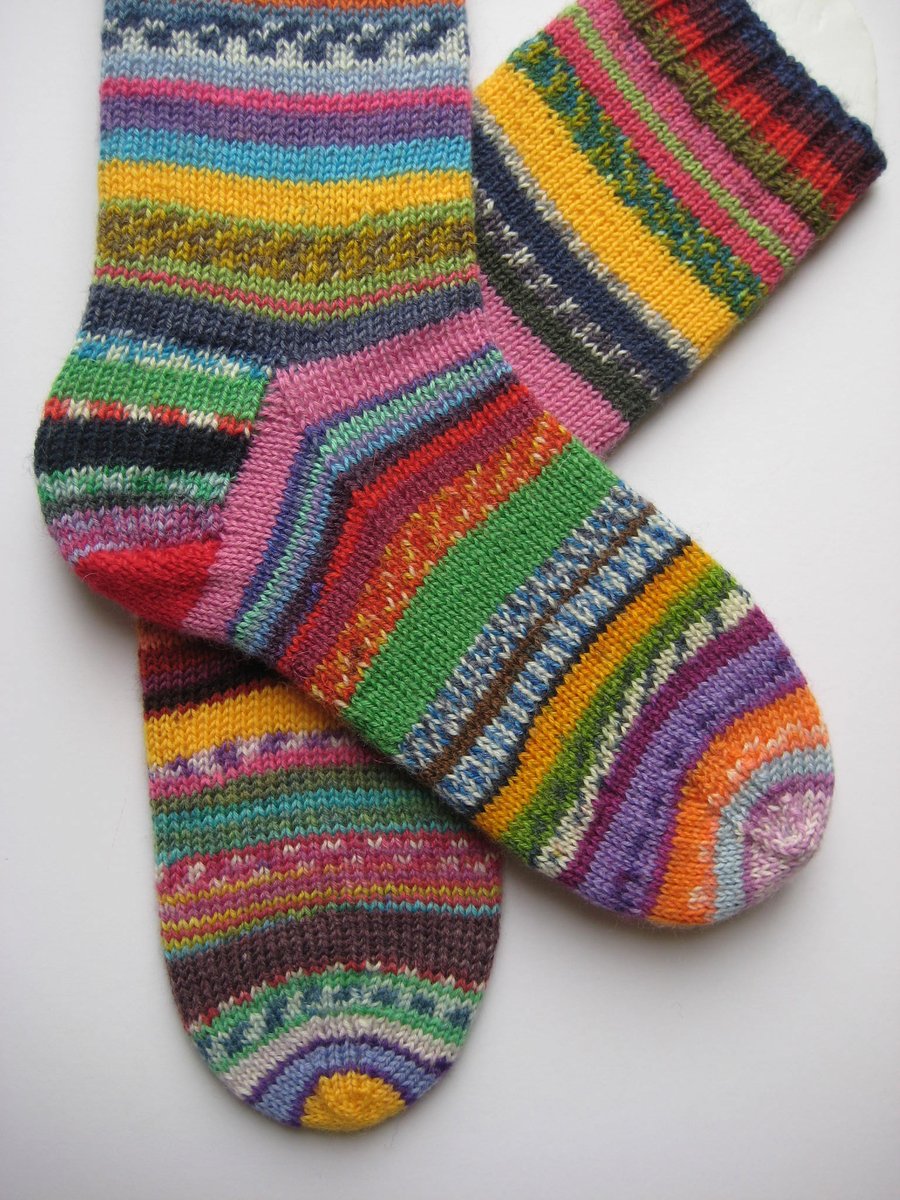 knitted socks size 3-4, hand knit small wool scrappy socks 