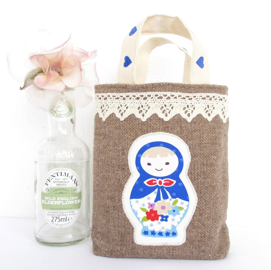 Gorgeous Fabric Gift Bag. Russian Doll Tiny Tote. Gift Tag. Fabric Storage.
