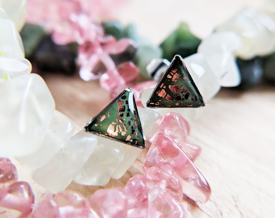Khaki green and rose gold triangle stud earrings