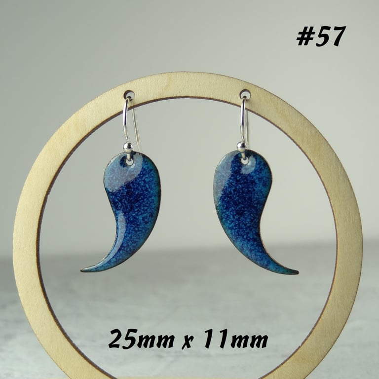Blue speckled tadpole drop glass enamelled copper earrings, 25x11mm