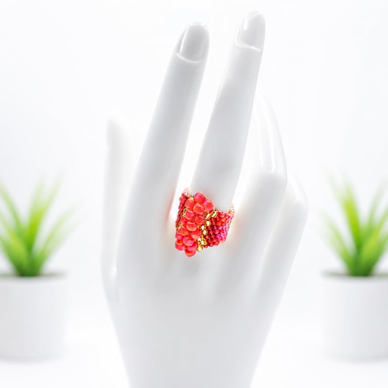 Handmade Miyuki and Toho Beaded Ring In Pink and Gold, Size R