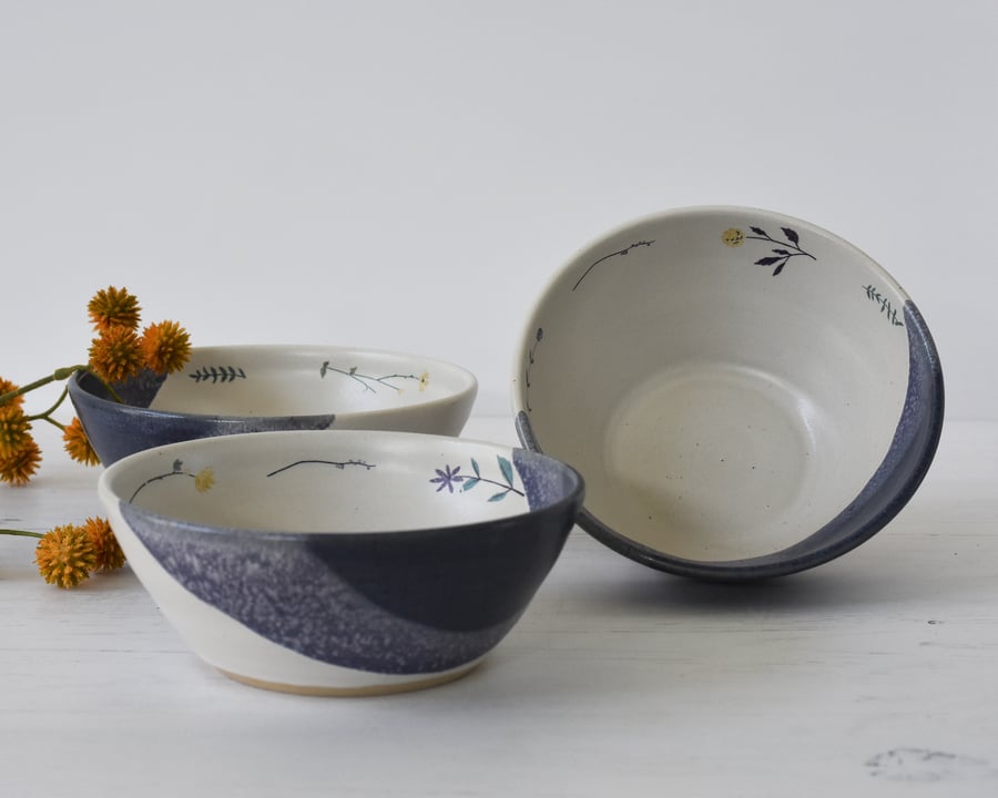 Ceramic flower bowl for cereal, soup, dessert, handmade blue and white pottery