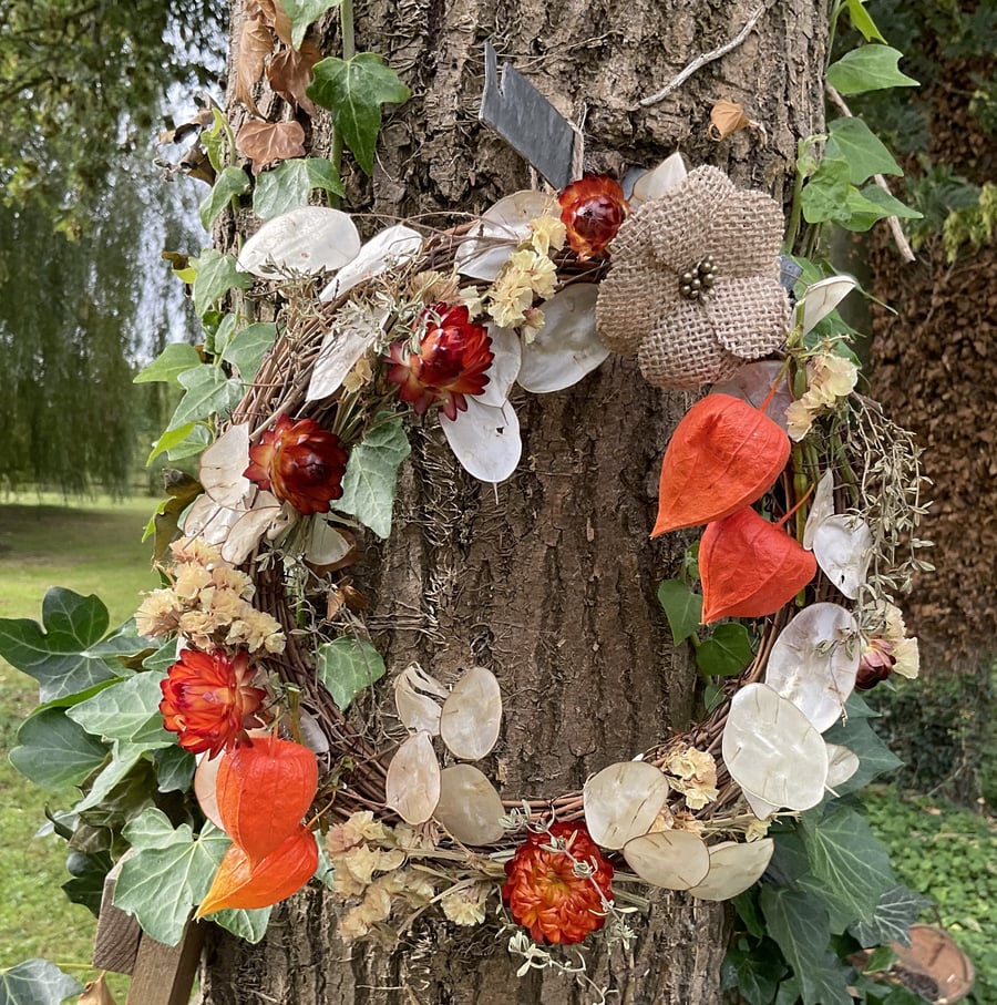 Dried Flower wreath - Autumn orange and silver for gift, birthday, home decor