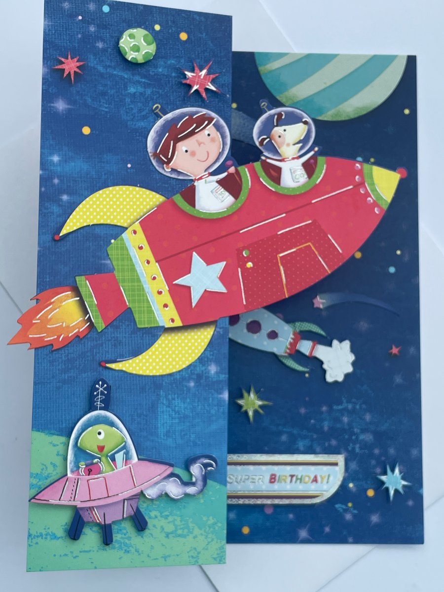 A rocket into space Have a super birthday fun space card