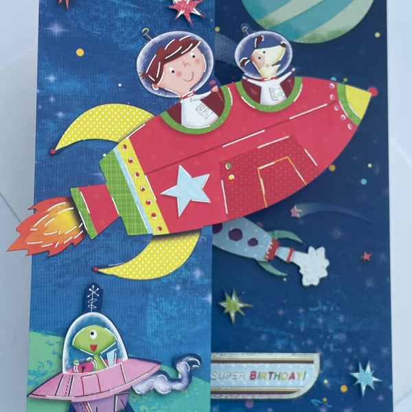 A rocket into space Have a super birthday fun space card