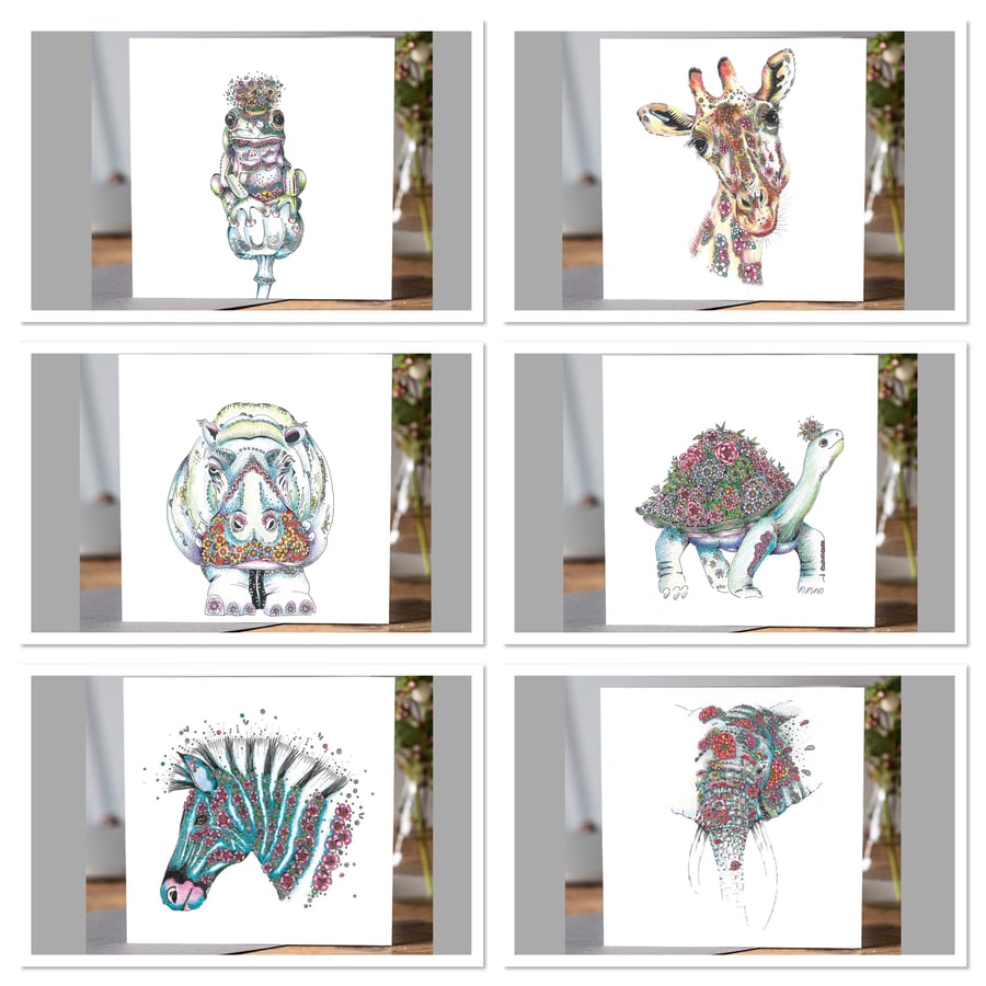 Wild Animal mixed Greeting card pack x6