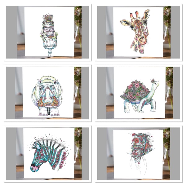 Wild Animal mixed Greeting card pack x6