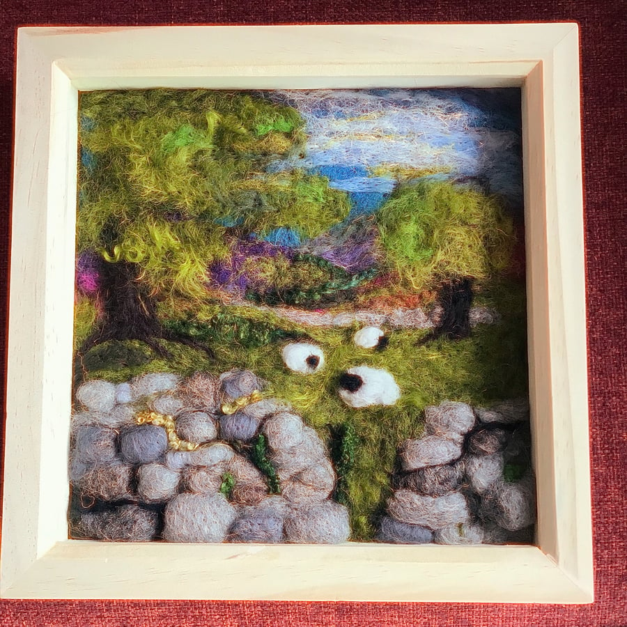Sheep in landscape needle felted picture 