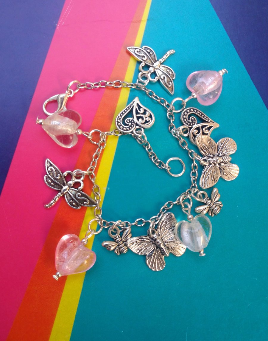 Beautiful Handmade Bracelet with Hearts, Dragonflies, Butterflies and Bees