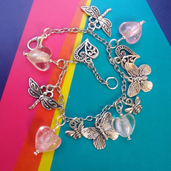 Beautiful Handmade Bracelet with Hearts, Dragonflies, Butterflies and Bees