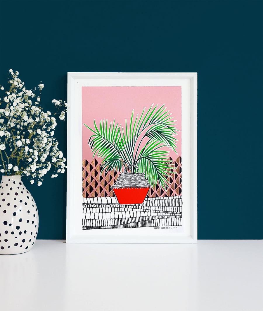 Potted Houseplant- Palm Metallic Fine Art Print- Hand Finished- Free UK shipping