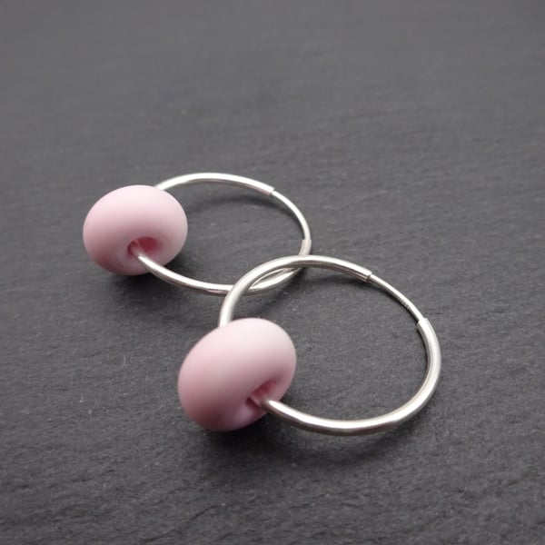 Sterling silver hoop earrings, pink lampwork glass jewellery