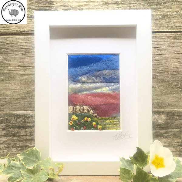 Small landscape flowers wet felt needle felt fibre art embroidery felt painting