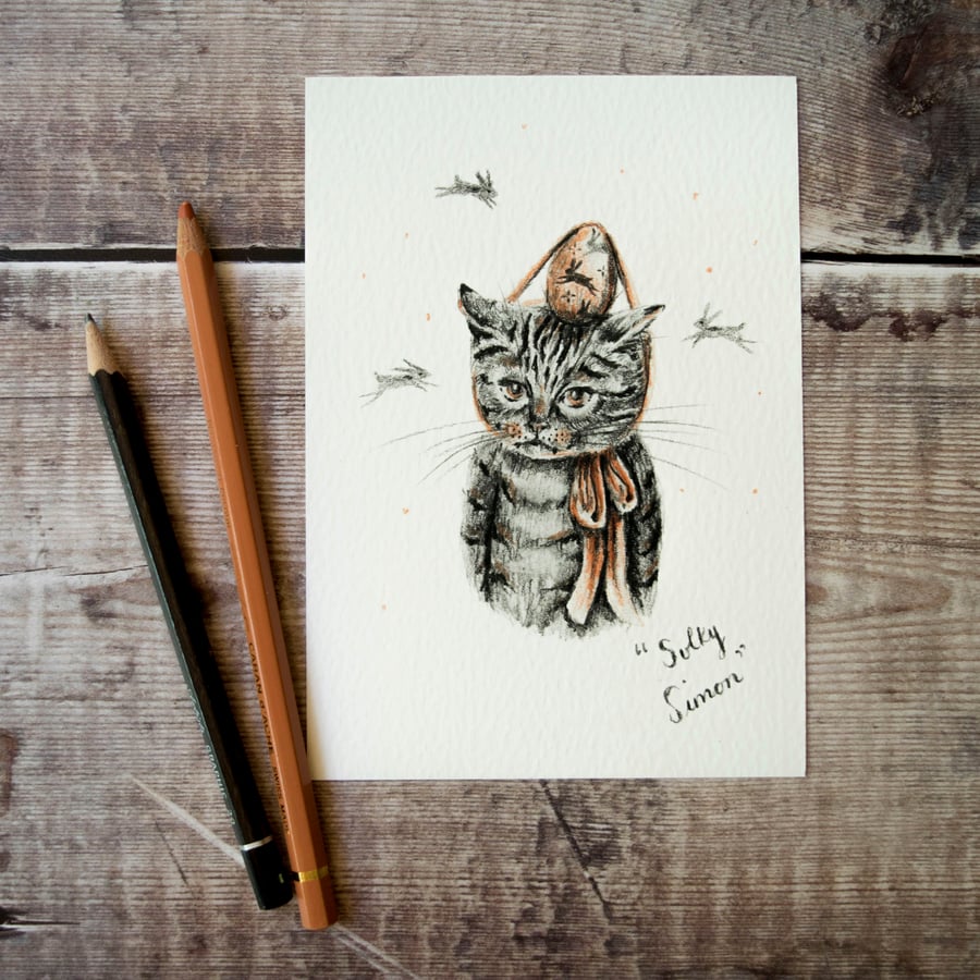 Sulky Simon the kitty cat. Illustration art print. Easter gift. A6, 4x6