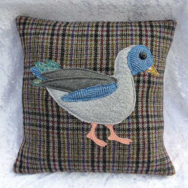 Duck Cushion, patchwork duck, wool cushion, with feather pad, 32cm