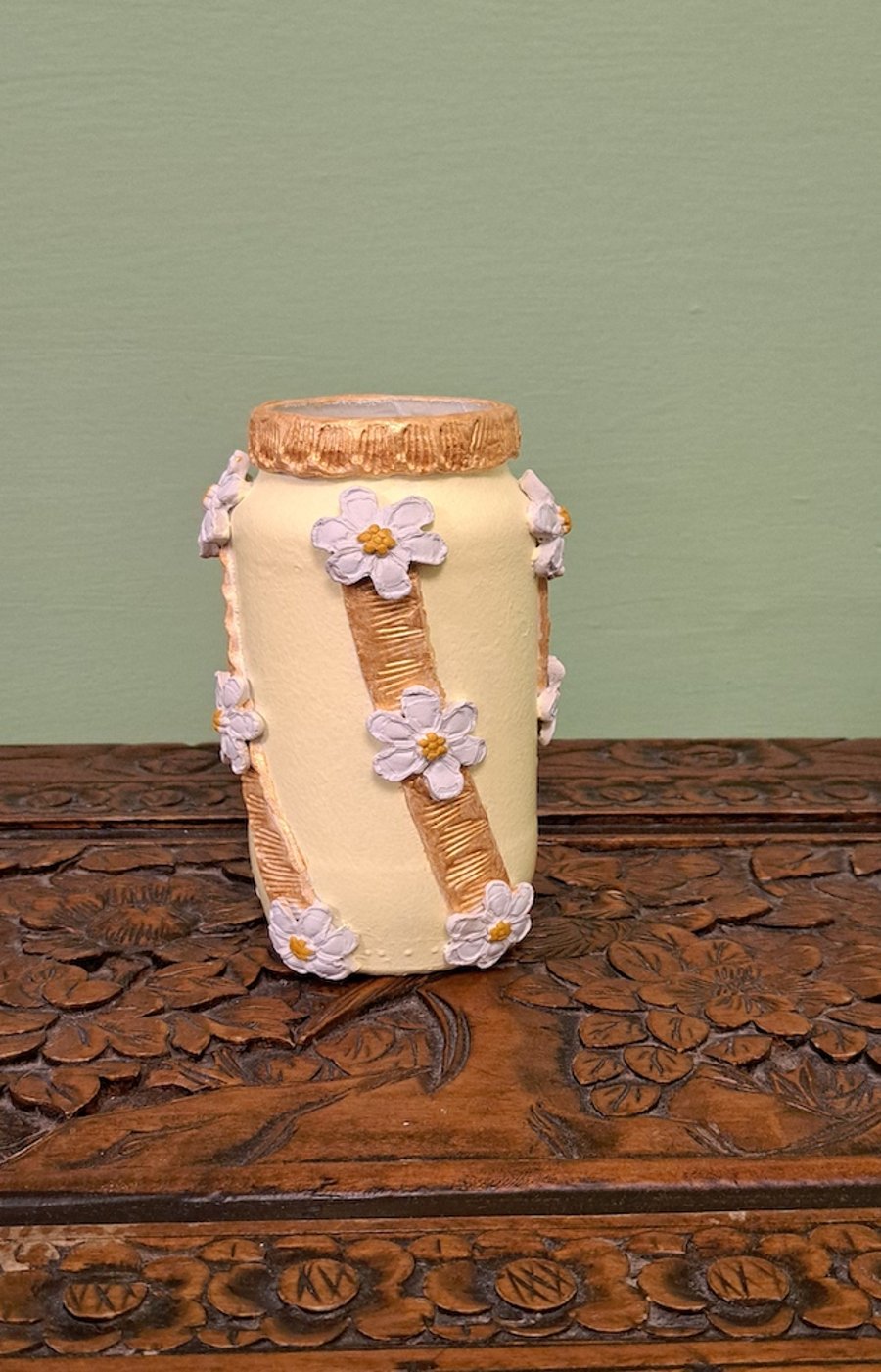 Handcrafted vase. Lemon & gold with daisies. From upcycled jar & air dry clay