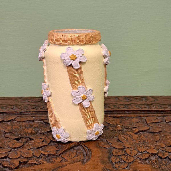 Handcrafted vase. Lemon & gold with daisies. From upcycled jar & air dry clay