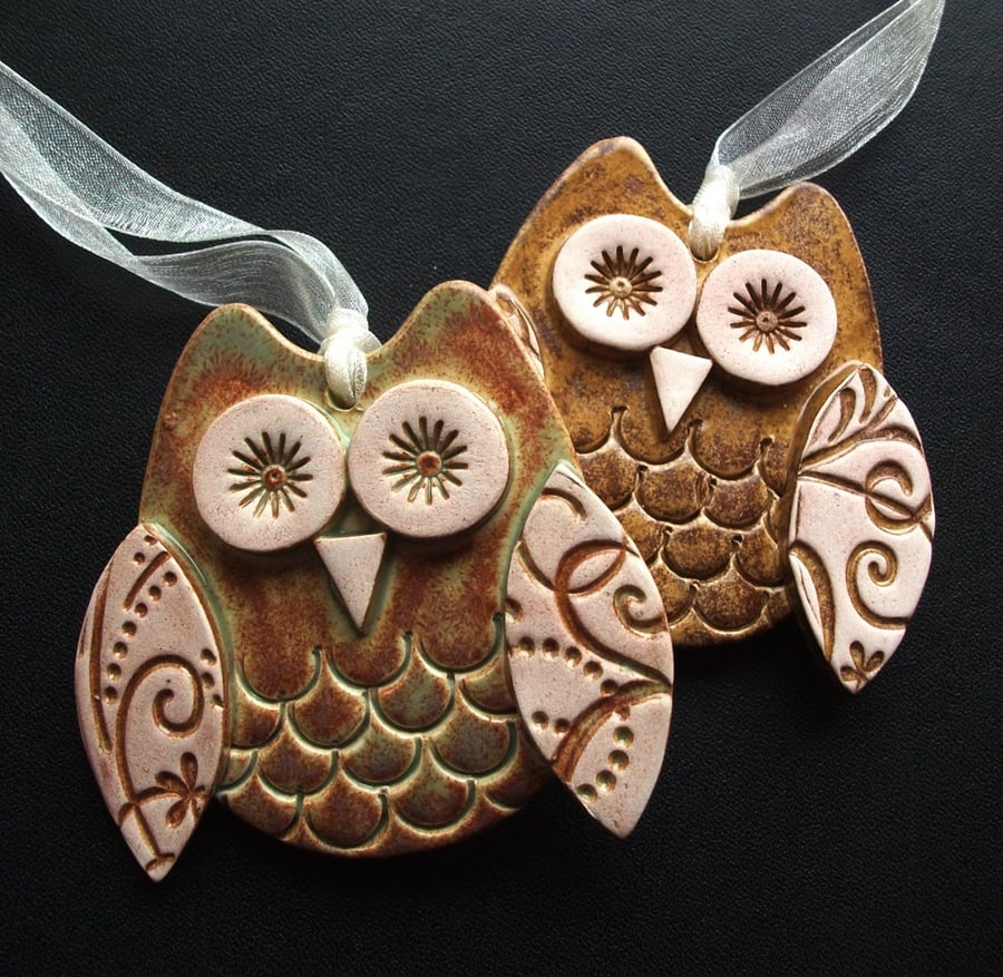 set of two cute little ceramic owl hanging decorations