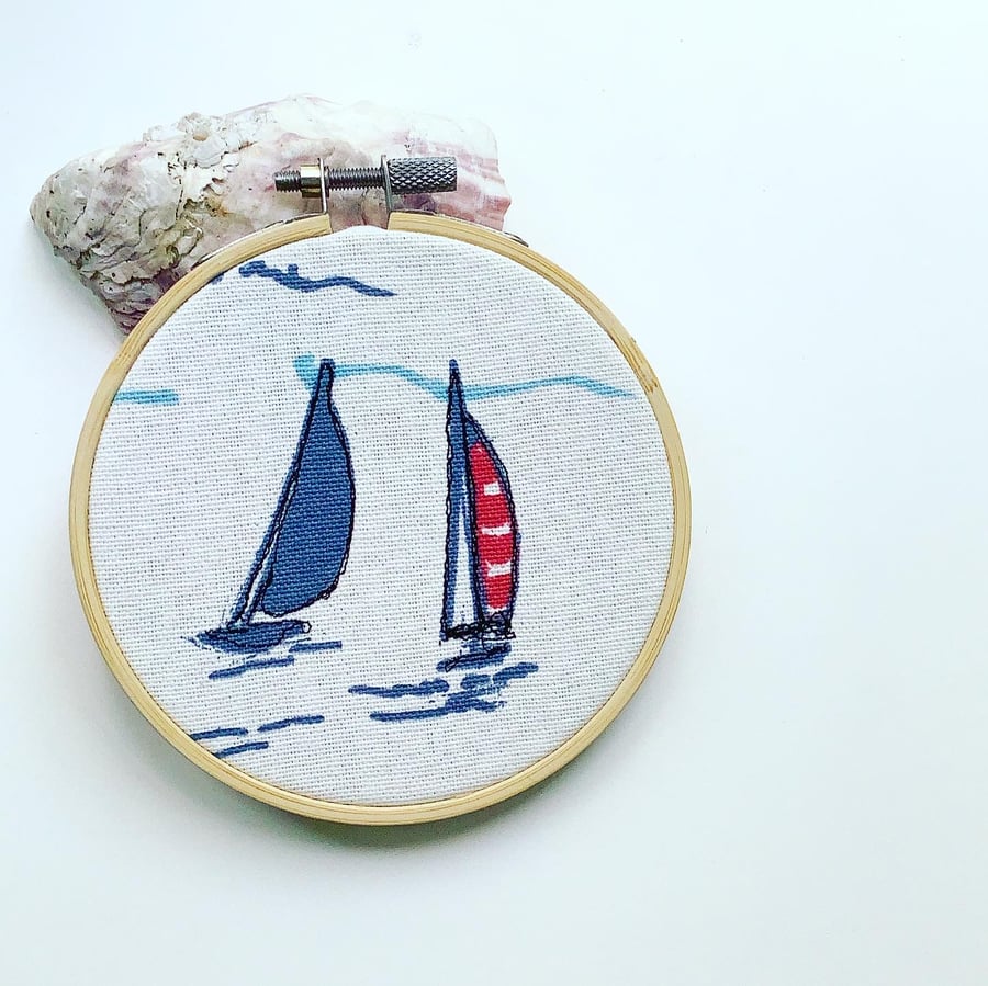 Sailing boat embroidery hoop, nautical textile art, yachts