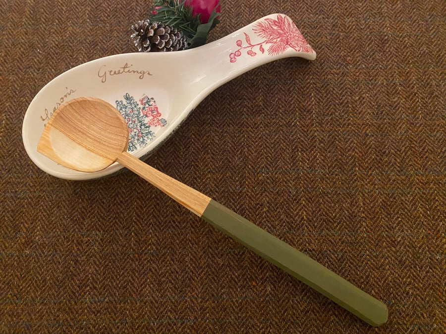 Cherry Wood Cooking Spoon- with Green Handle.