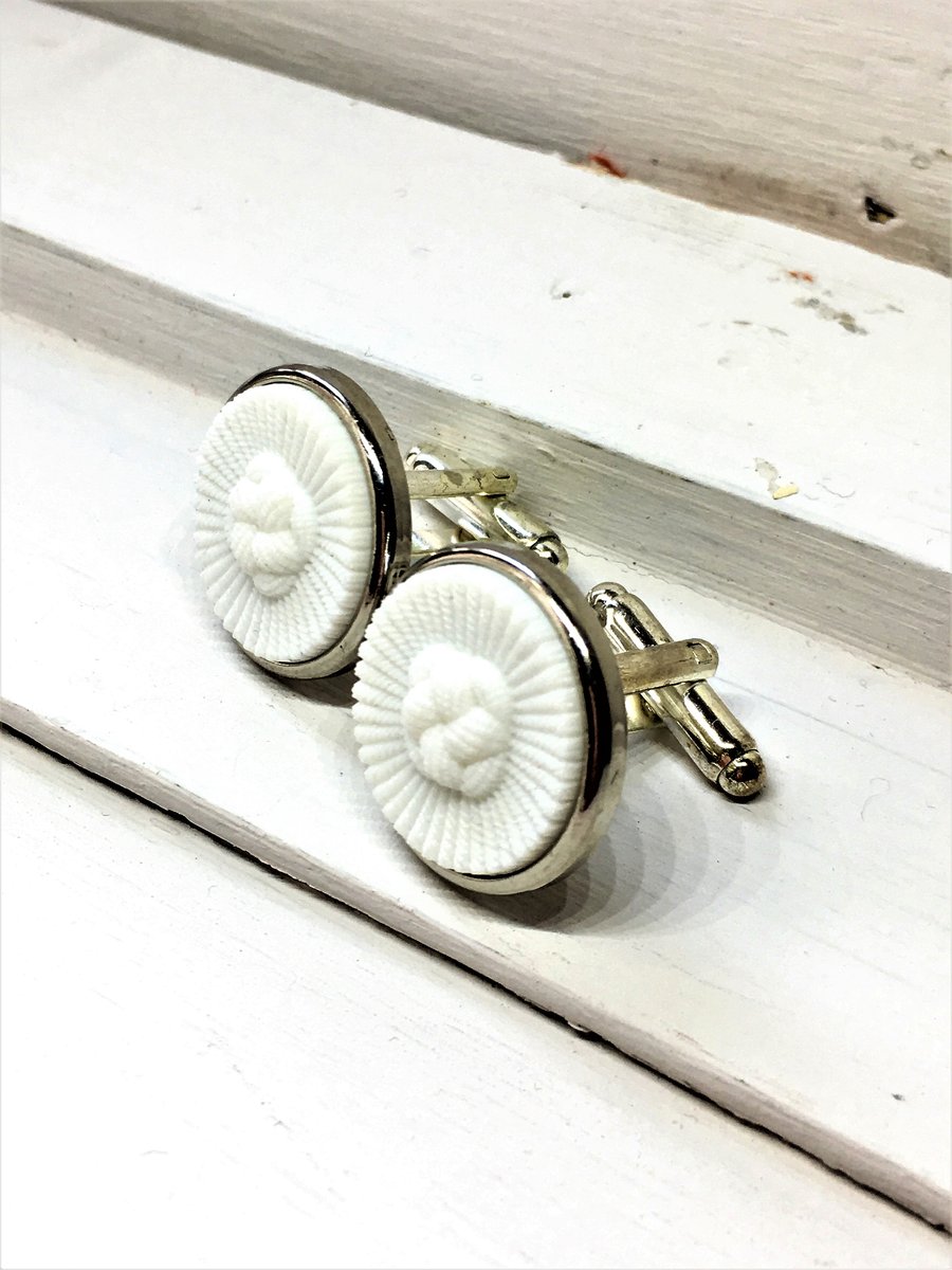 A White Knitted Design Vintage Button Cuff links, Gift for Men, Gift for Dad