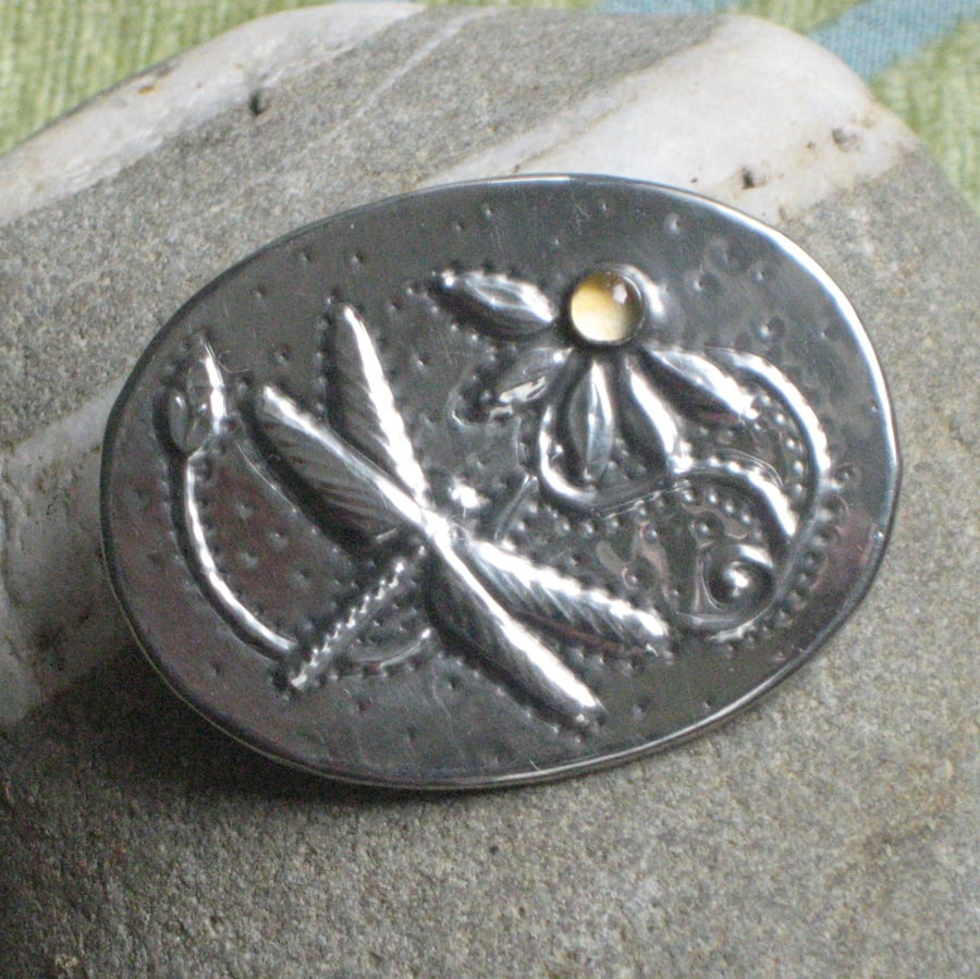 Dragonfly Citrine Brooch in Pewter