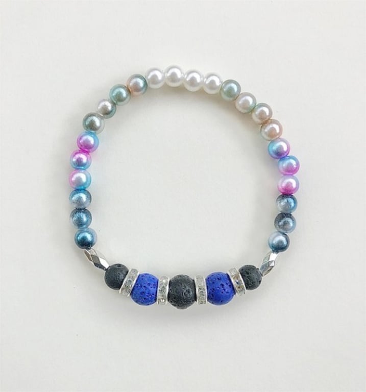 Lava bead bracelet in blue & black - aromatherapy - elasticated approx. 7 inches