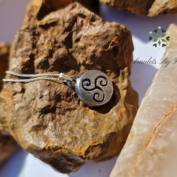 Small Round Recycled Fine Silver 999 with Triskele in Centre Pendant Necklace.