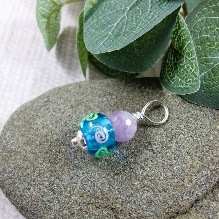 Lilac Rose Glass Bead Pendant, Sterling Silver with Amethyst - Chain is Optional