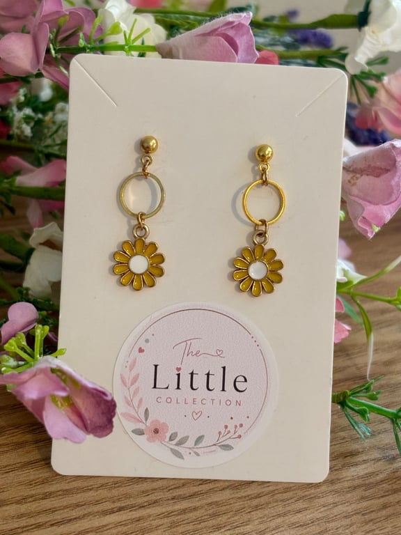 Yellow Flower Dangle Earrings, Enamel Floral Charms, Handmade Jewellery