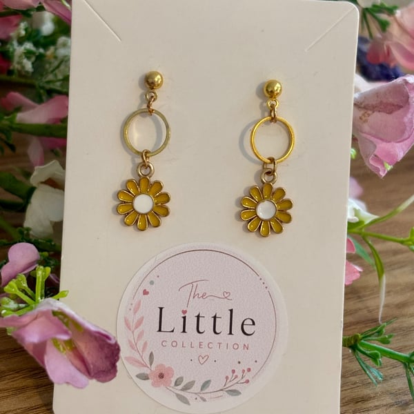 Yellow Flower Dangle Earrings, Enamel Floral Charms, Handmade Jewellery