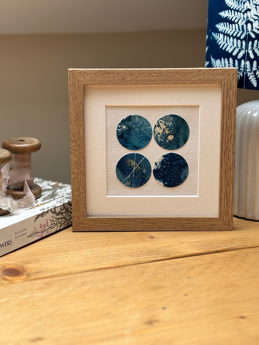 Originl Hand Printed Botanical Circle Cyanotype Art, Mounted
