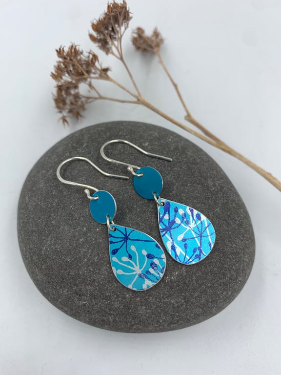 Turquoise aluminium cow parsley tear drop earrings