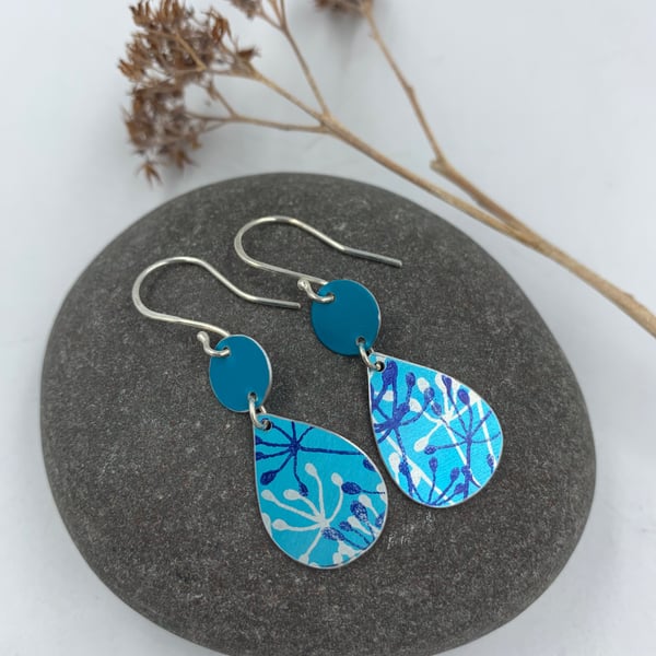Turquoise aluminium cow parsley tear drop earrings