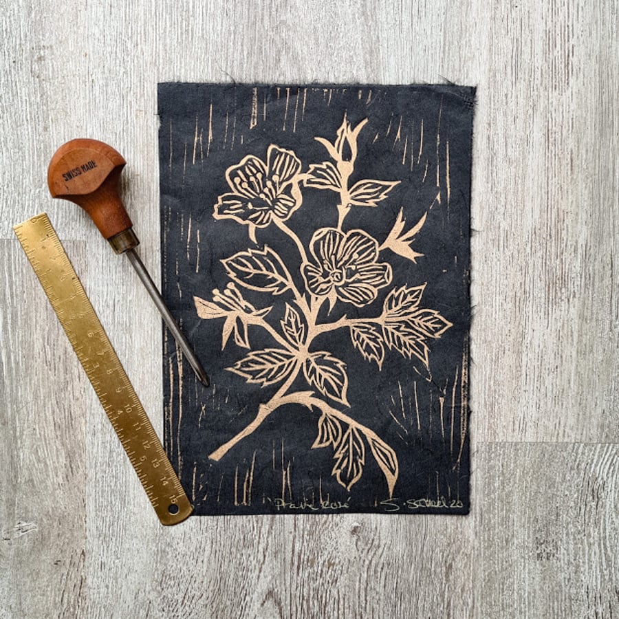 Prairie Rose, Botanical, Lino print a5, gold and black on handmade paper