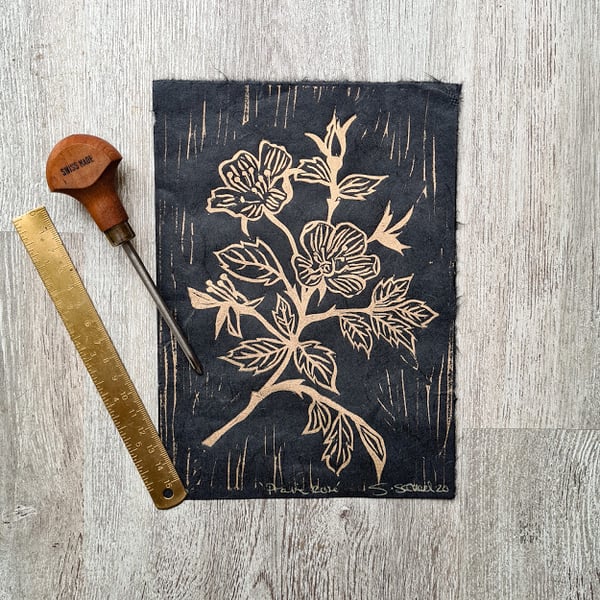 Prairie Rose, Botanical, Lino print a5, gold and black on handmade paper