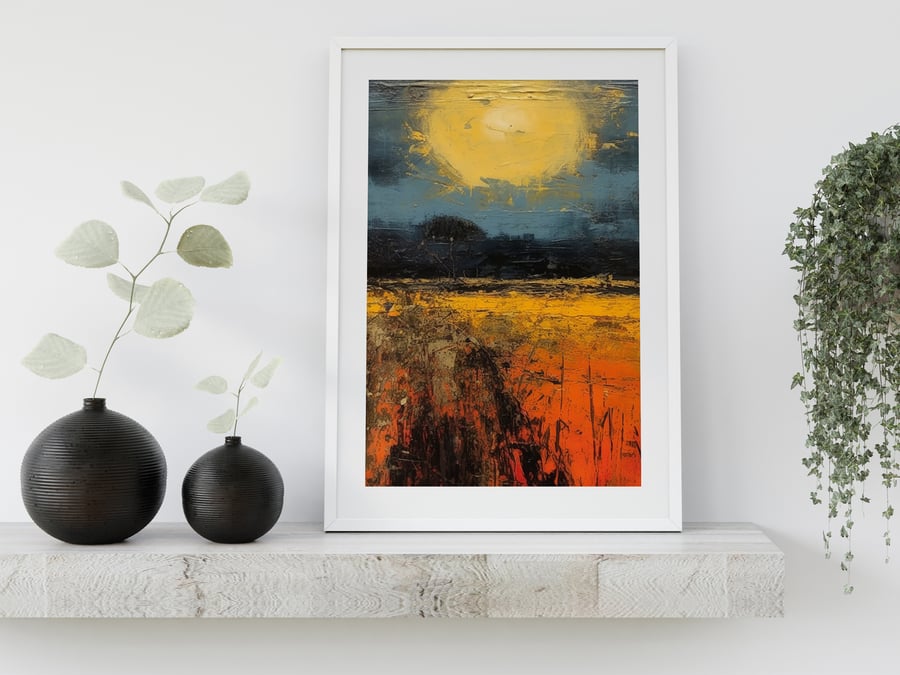 Sunset Over a Field, 5" x 7" Oil Painting Print, Serene Countryside Art