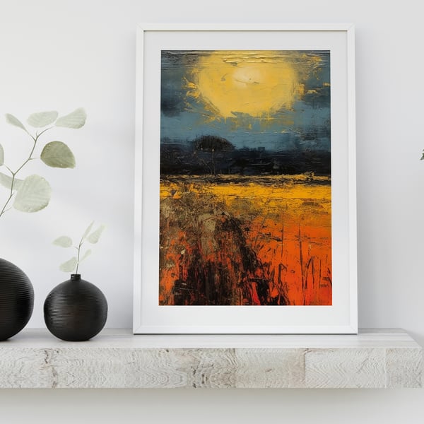 Sunset Over a Field, 5" x 7" Oil Painting Print, Serene Countryside Art