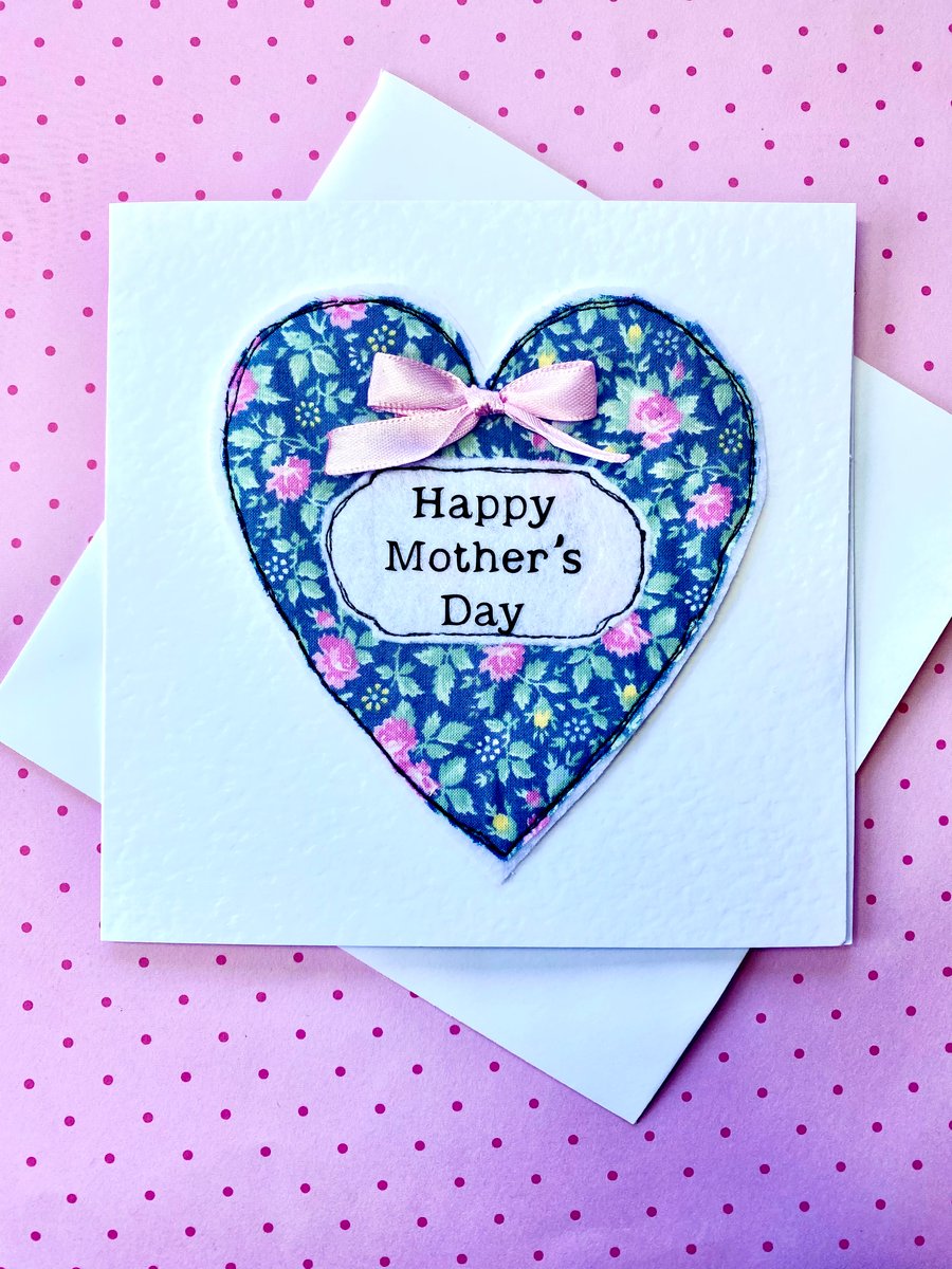 Mother’s Day Card Fabric Heart Free Motion Embroidery Luxury Card