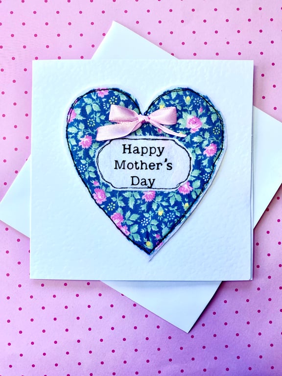 Mother’s Day Card Fabric Heart Free Motion Embroidery Luxury Card