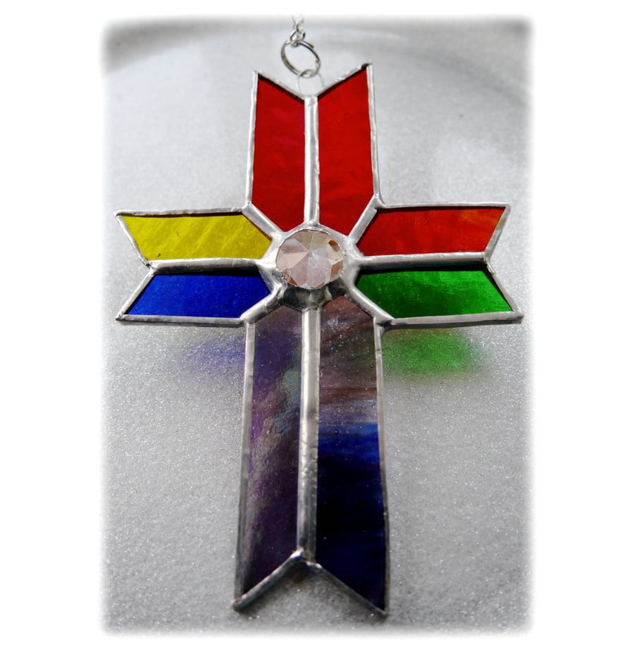 Cross Suncatcher Stained Glass Handmade Rainbow Crystal 045