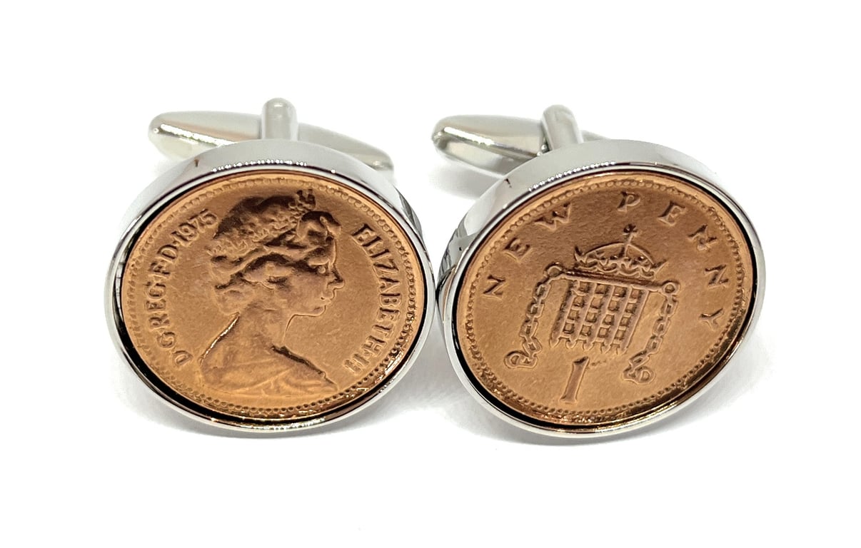 1985 40th Birthday Anniversary 1 pence coin cufflinks - One pence cufflinks from