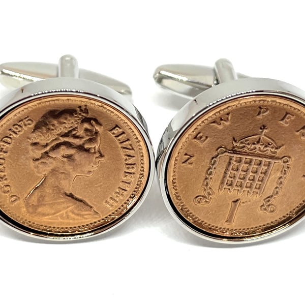 1985 40th Birthday Anniversary 1 pence coin cufflinks - One pence cufflinks from