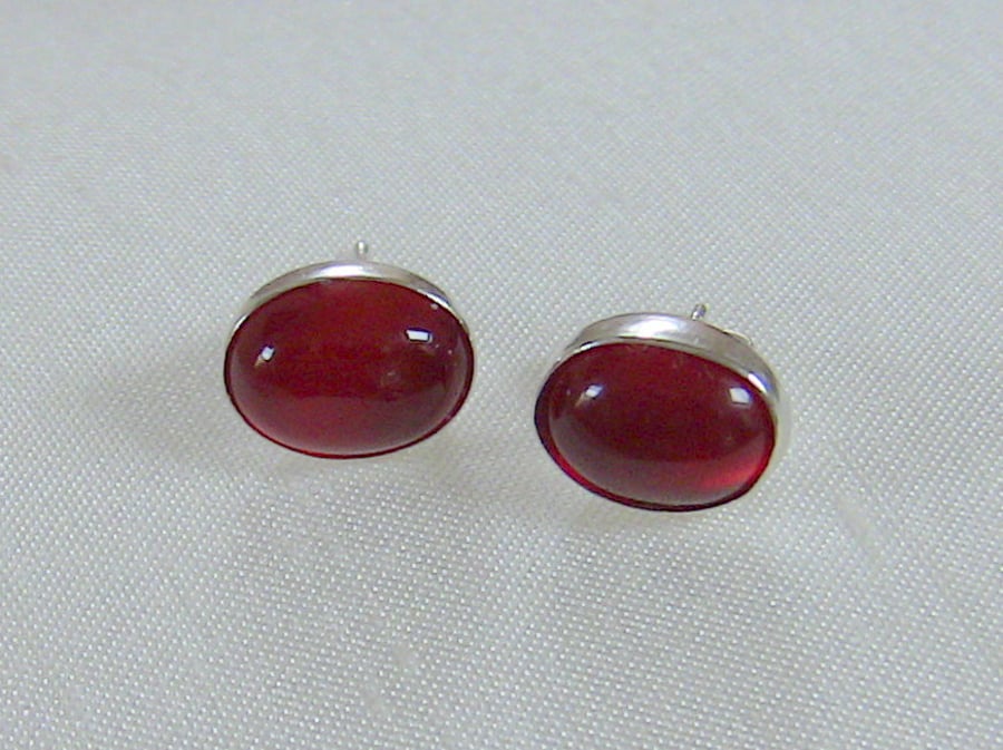 Sterling Silver Oval Stud Earrings with Carnelian Gemstones,  E86