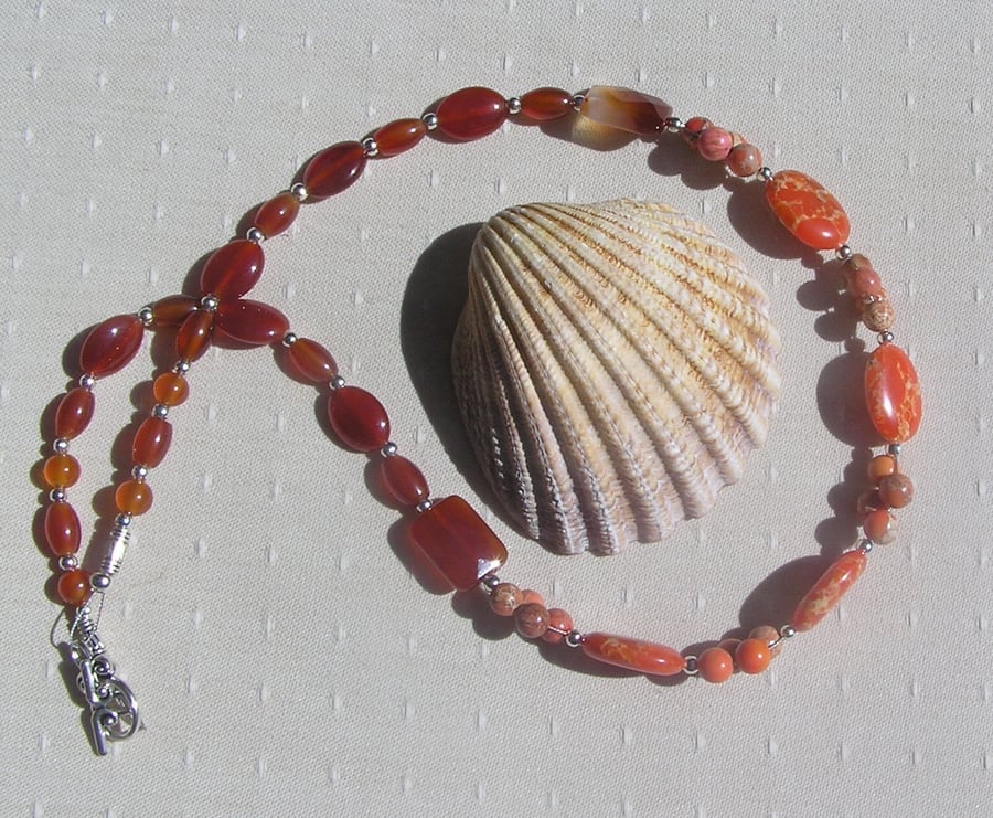 Orange Sea Sediment Jasper & Carnelian Gemstone Beaded Chakra Necklace "Sevilla"