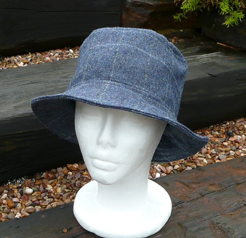 Bucket hat denim blue waxed wool tweed unisex hat winter hat
